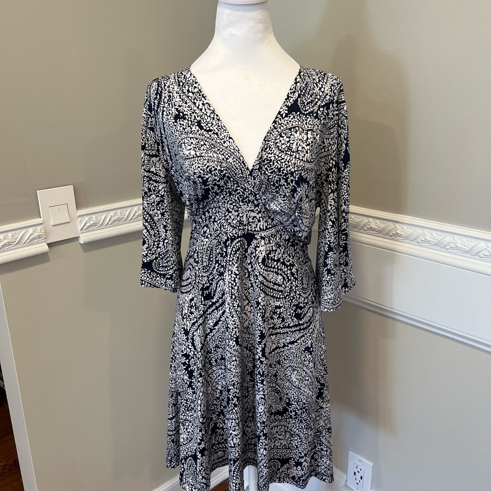 Elegant Black and White Paisley Wrap Dress